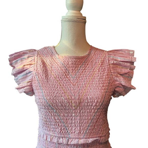 SAYLOR Blush Pink Tiered Zinnia Dress With Metallic Striped Threads Size Medium - Picture 2 of 13